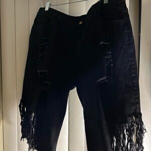 Distressed Black Capri Jeans Fringe Biker/ Goth